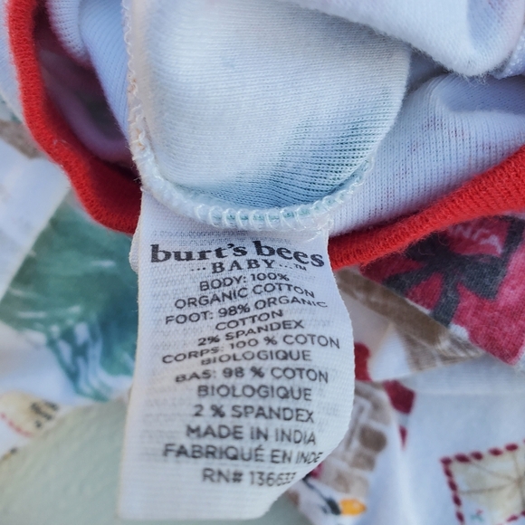 Burts Bees Baby One-piece Sleeper Footie Pajama White|Red Holiday 0-3M - Picture 4 of 4